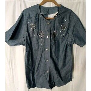 BonnieBlain Vintage Blue Denim Shirt Embellished Metal Studs Medium shortsleeve